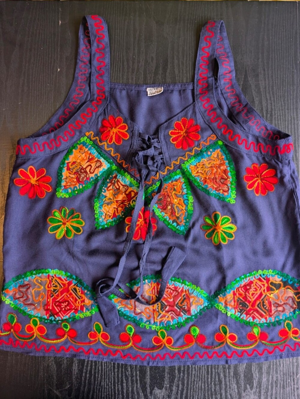 Embroidered Boho Tank Top Navy Floral Artisan Festival Cami Bohemian Hippi S M